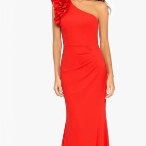 Xscape One-Shoulder Red Evening Gown with Floral Shoulder Detail